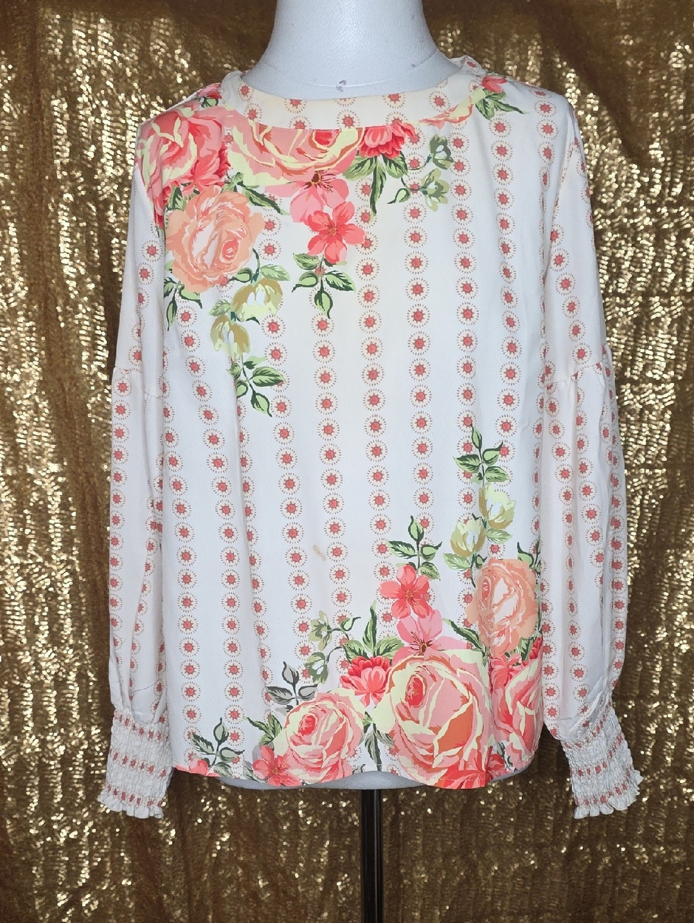 Cream Floral Long-Sleeve Blouse with Coral Roses
